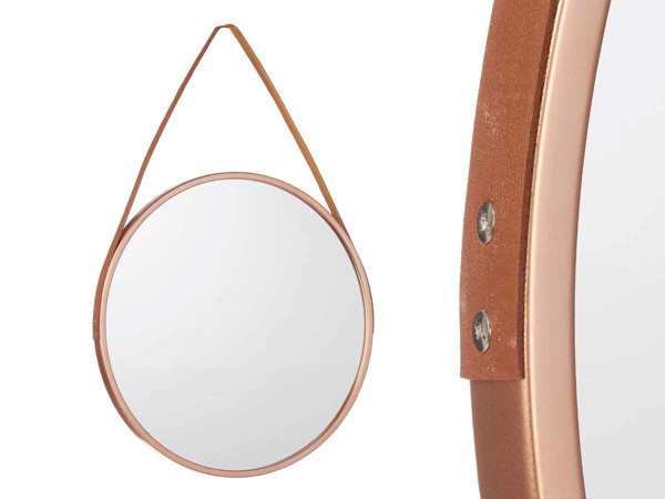 miroir rond avec poignée en simili-cuir bronze pet