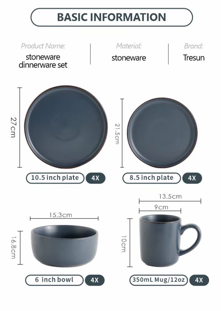 SET VAISSELLE GRÈS 16 PIÈCES EN GRIS