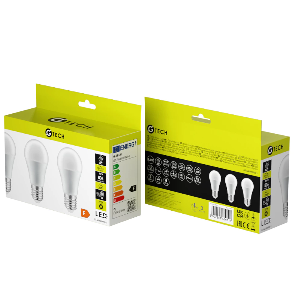 LOT DE 3  Ampoule LED G-TECH, A60, E27, 8,8 W, 806 lm, 3000 