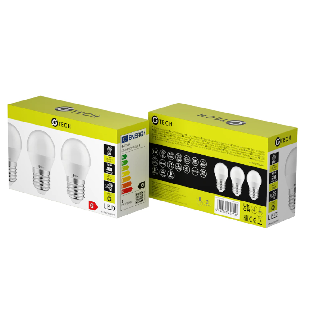 LOT DE 3  Ampoule LED G-TECH, B45, E27, 5,0 W, 400 lm, 3000 