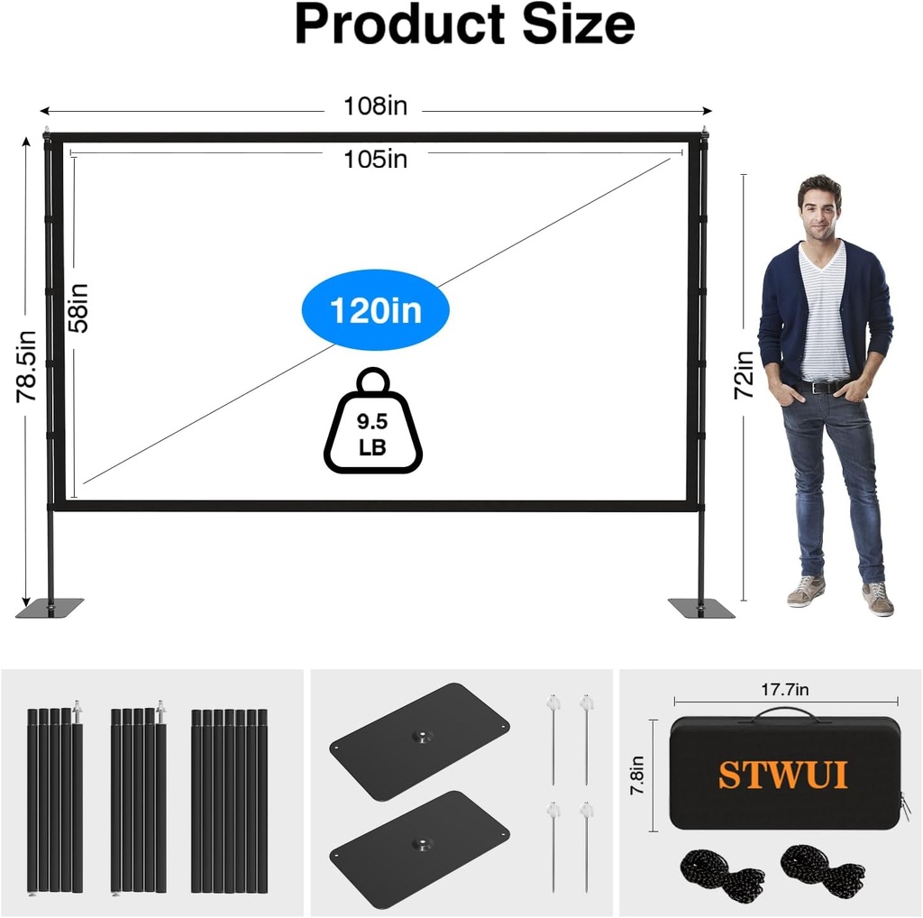 Écran de projecteur extérieur avec support – Écran de projection portable de 120 pouces