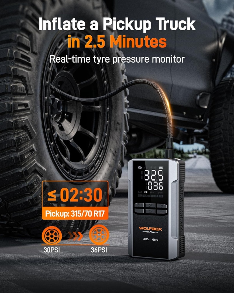 Wolfbox 3000A jump start, batterie 16000mAH, 160psi, light
