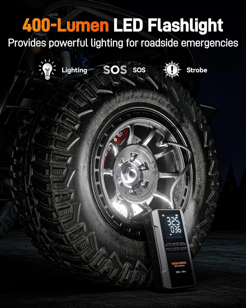 Wolfbox 3000A jump start, batterie 16000mAH, 160psi, light