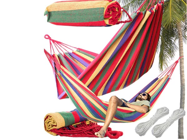 Hamac de jardin XXL pour deux personnes, grande barre beige