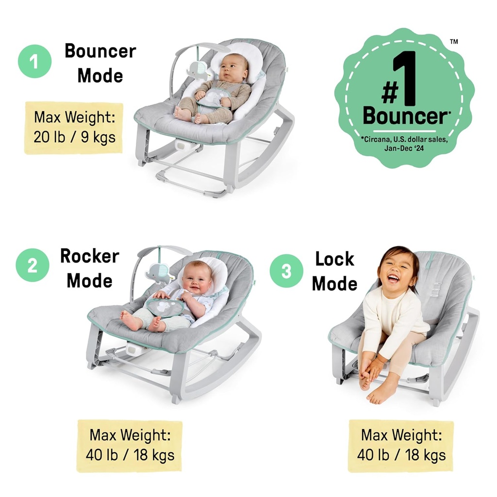 Transat bébé Ingenuity 3-en-1 évolutif – Vibrations, arche de jeux – 0-30 mois
