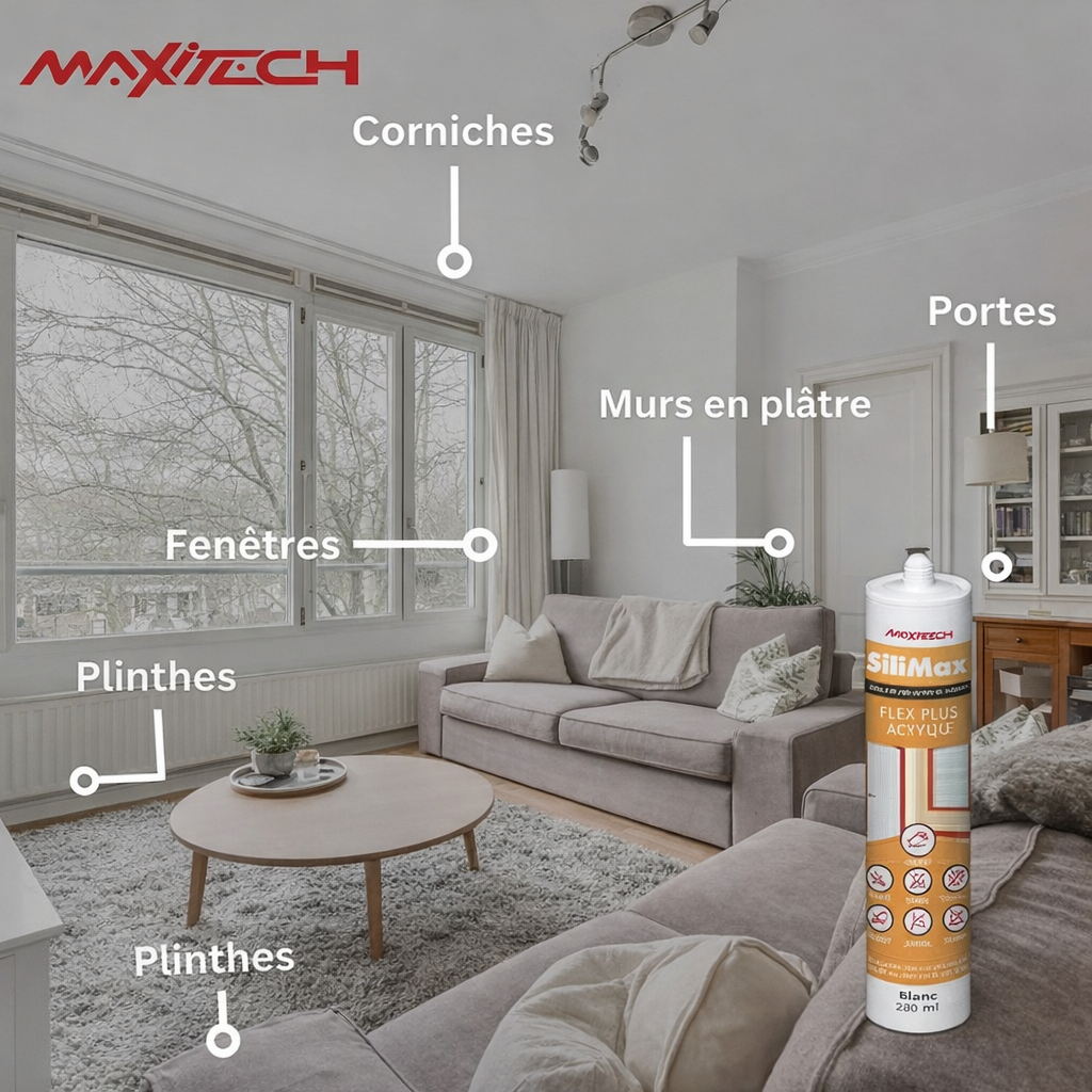 Mastic silicone SILIMAX Flex Plus – Acrylique siliconé intérieur/extérieur, peinturable, blanc 280 ml