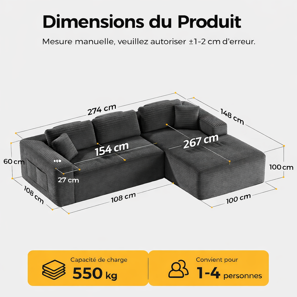 Canape d’angle modulable confort XXL, tissu côtelé gris