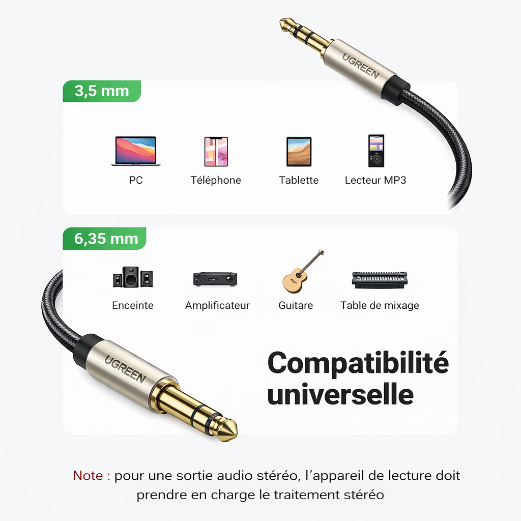 Câble audio stéréo UGREEN 3,5 mm vers 6,35 mm – Jack TRS mâle, gaine nylon