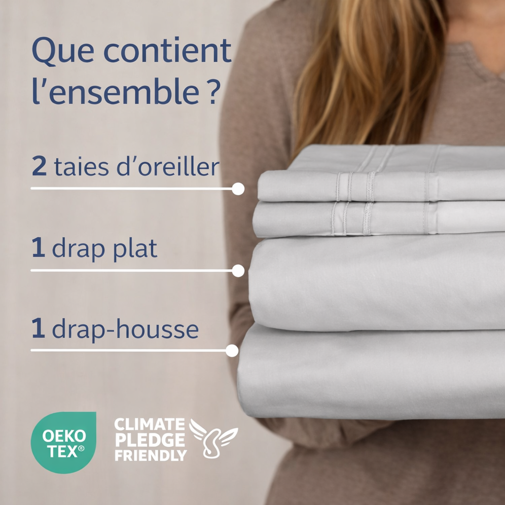 Parure de draps Queen US 4 pièces – Douce, respirante et effet frais – Gris français