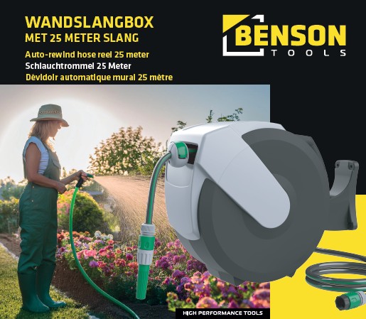 Benson Wandslangbox Enrouleur de tuyau à enroulement automatique de 25M