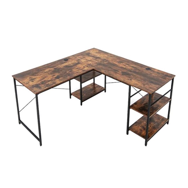 L-Shaped Convertible Desk with Shelves, Rustic Brown