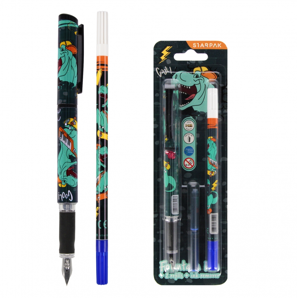 stylo + 2 cartouches + gomme skate dino starpak