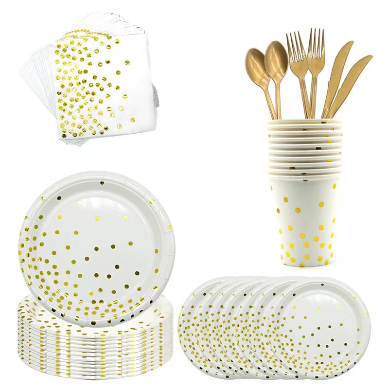 Gold party tableware kit and balloons