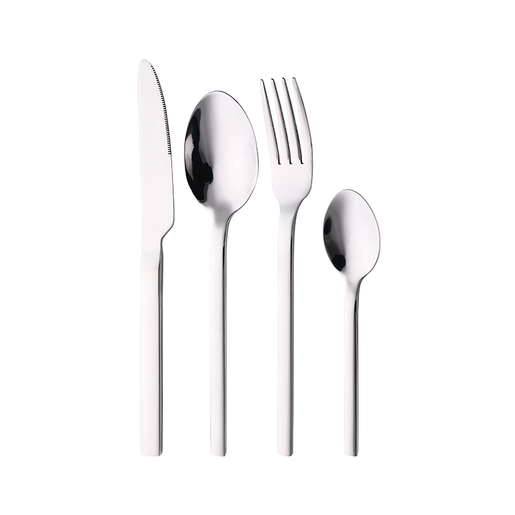 Set of 4 contemporary stainless steel cutlery sets with straight, clean lines.