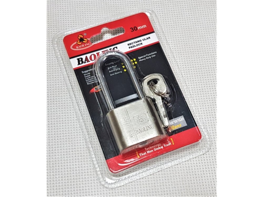 Chrome padlock, long eye, 30 mm