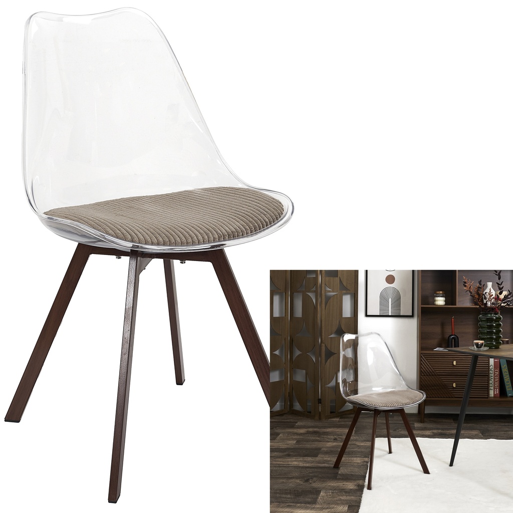 Chaise transparente coussin taupe