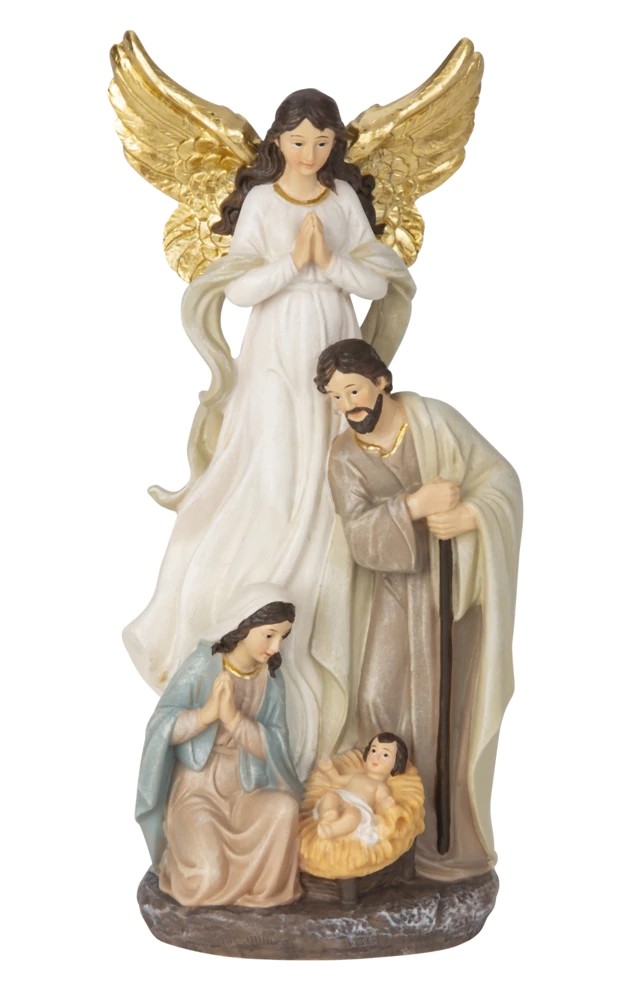 Figurine de la Nativité avec ange, Joseph, Marie et Jésus