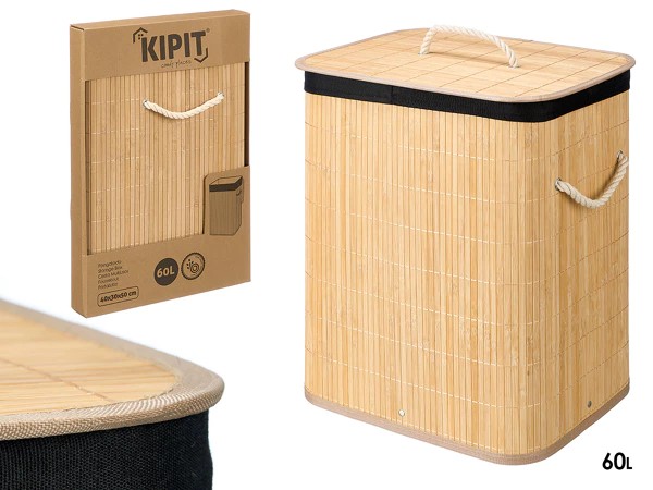 Rectangular laundry basket in bamboo and black fabric