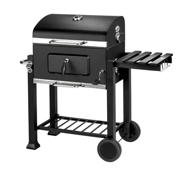 Charcoal barbecue, hinged lid