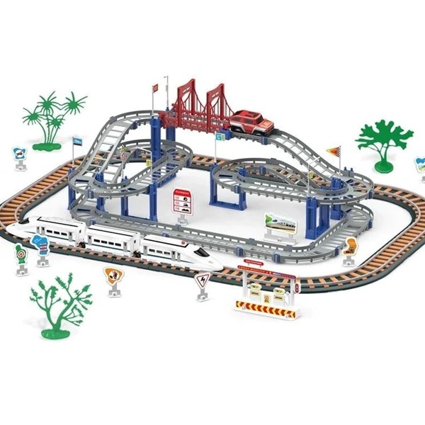Railway track with car and fast train, 108 pieces