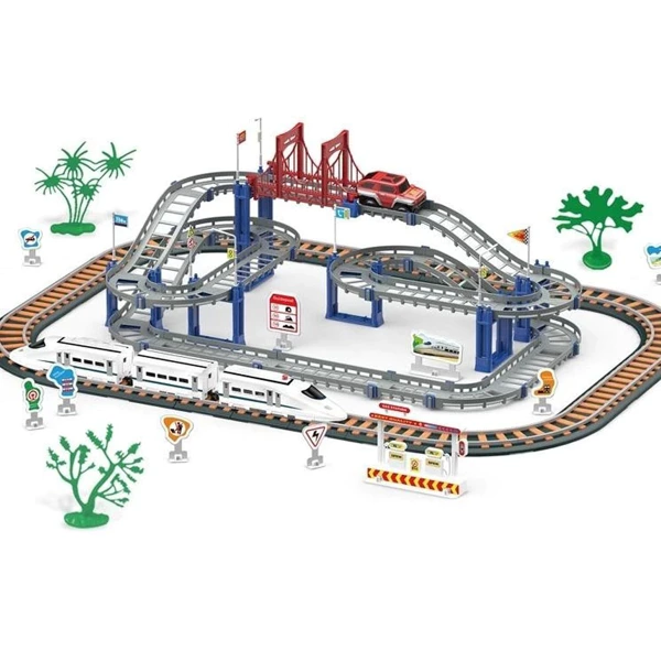 Railway track with car and fast train, 108 pieces