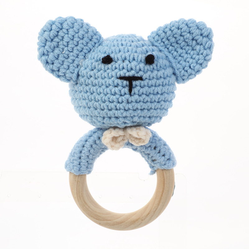 Wooden sound teething ring, crochet animal
