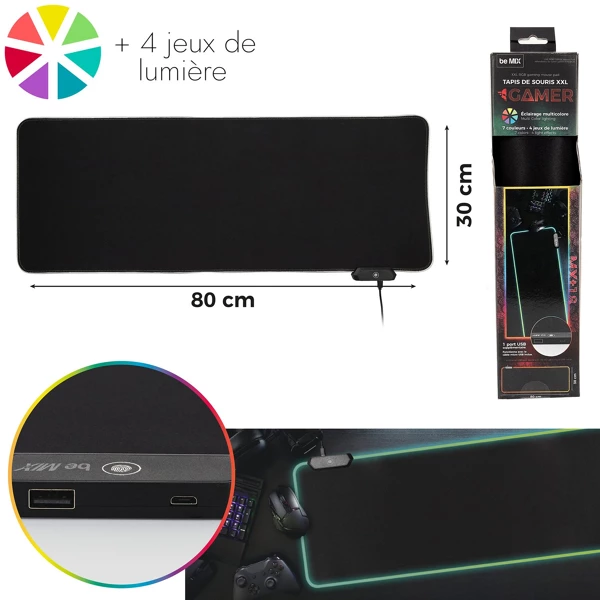 Tapis de souris gamer xl RGB 2 ports usb